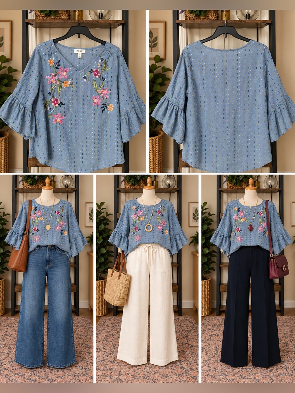 Style & Co. Blue Floral Embroidered Cotton V-Neck Bell-Sleeve Blouse